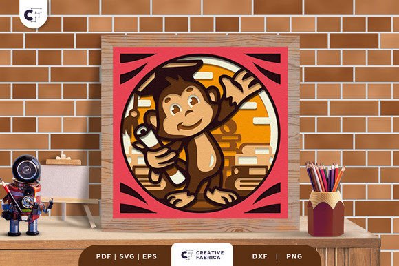Baby Monkey on Graduation 3D Shadow Box: School-Themed 3D SVG