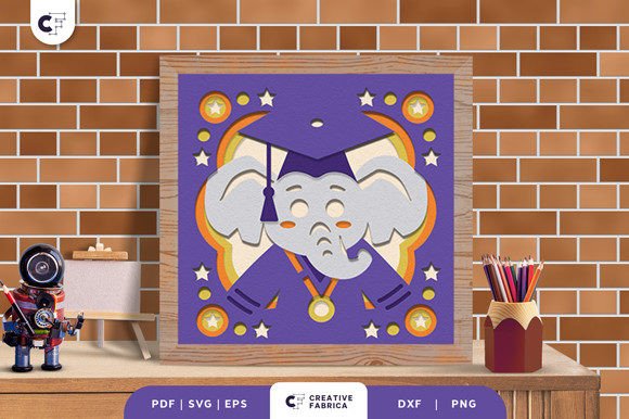 Elephant on Graduation 3D Shadow Box: School-Ready 3D SVG